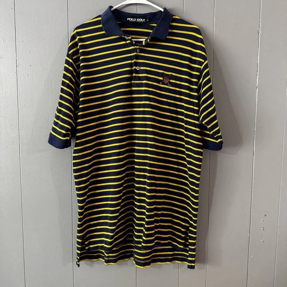 Vintage Polo Golf Ralph Lauren Polo Shirt Mens XL Blue Yellow Striped Crest 90s